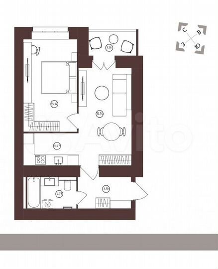 2-к. квартира, 50 м², 6/16 эт.