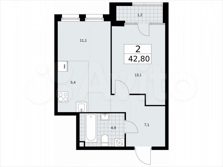 2-к. квартира, 42,8 м², 2/16 эт.
