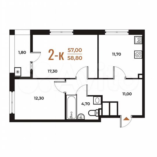 2-к. квартира, 58,8 м², 2/8 эт.
