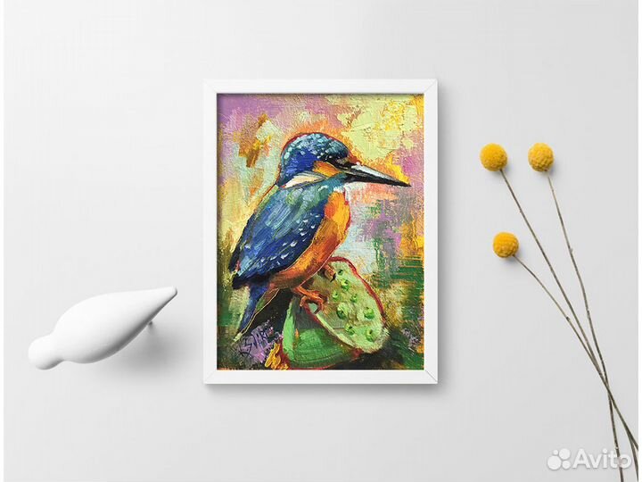 Картина птица зимородок, миниатюра маслом 20х15 см