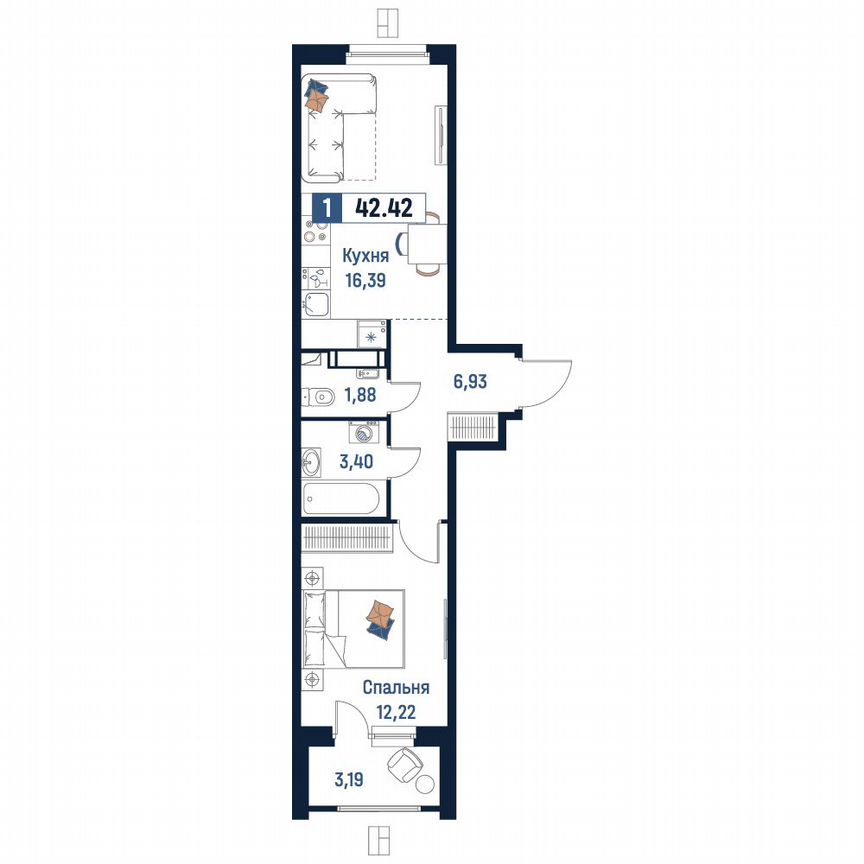 1-к. квартира, 42,4 м², 9/18 эт.