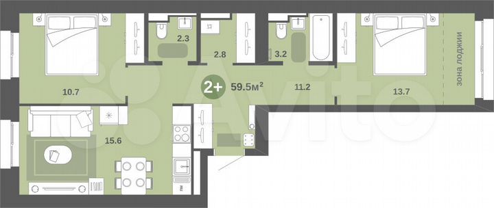 2-к. квартира, 59,5 м², 4/9 эт.