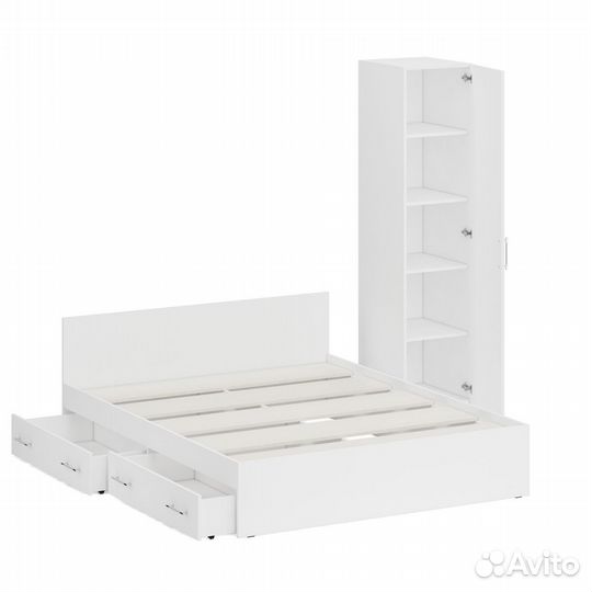 Кровать белая двуспальная с ящиками 1600 с пеналом Стандарт, цвет белый, спальное место 1600х2000 мм