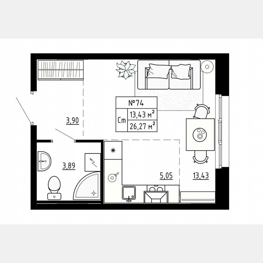 Квартира-студия, 26,3 м², 1/4 эт.