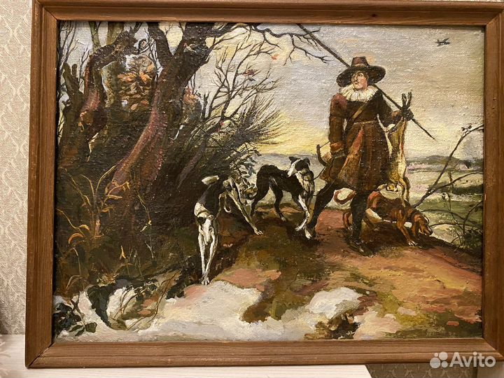 Картина маслом на холсте зимний пейзаж с охотником