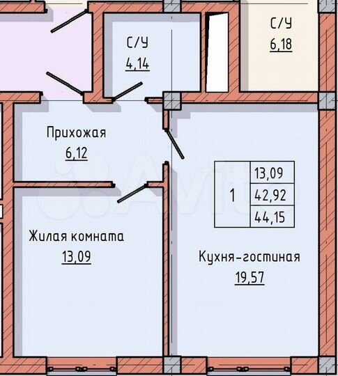 1-к. квартира, 44,2 м², 9/13 эт.