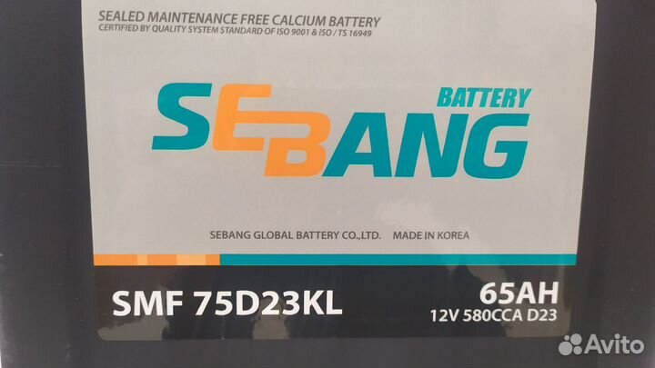 Аккумулятор 65Ач Sebang 75D23L 580A CCA Корея