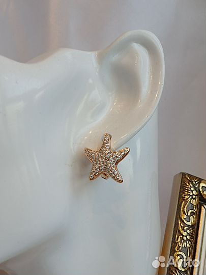 Серьги морская звезда покрытие золото фианиты