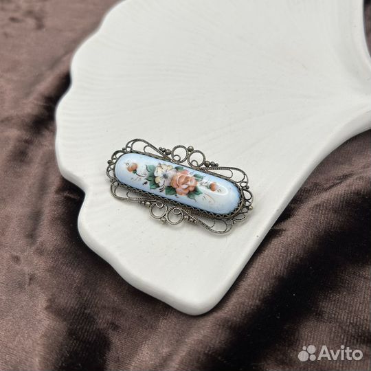 Винтажная брошь, филигрань, ручная роспись