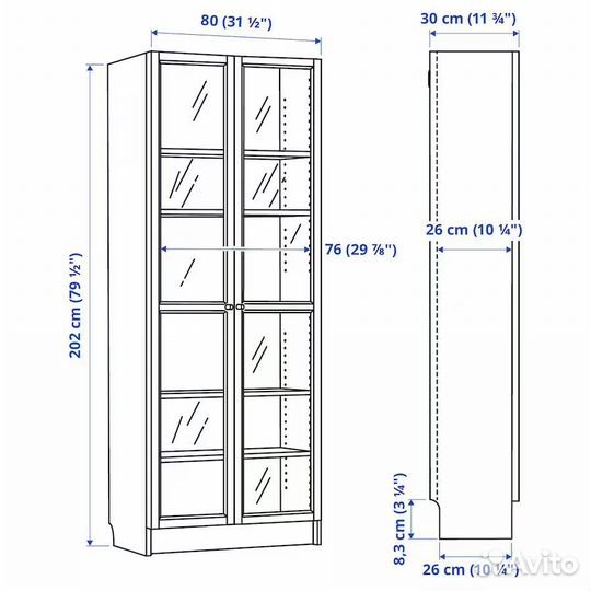 Икеа Билли/Оксберг шкаф 80х30х202 см белый