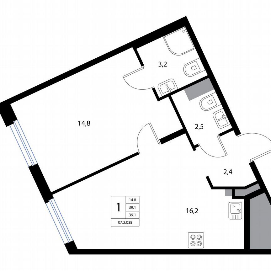 2-к. квартира, 39,1 м², 1/3 эт.