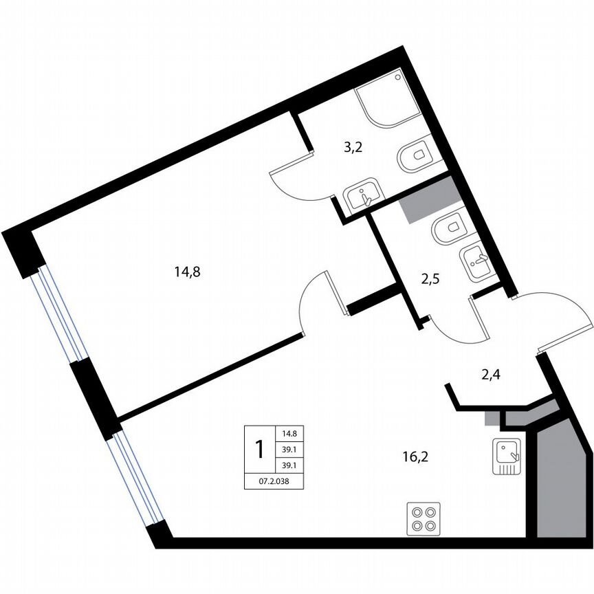 2-к. квартира, 39,1 м², 1/3 эт.