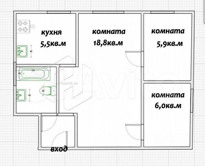 2-к. квартира, 42 м², 1/4 эт.