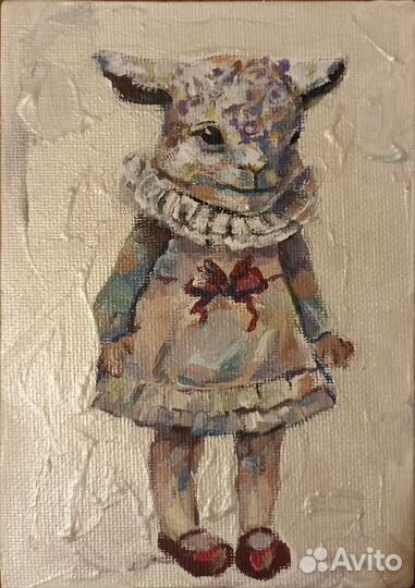 Картина барашек, море, корабль, миниатюра, акрил