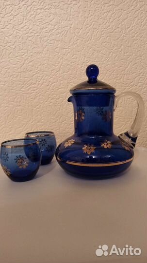 Кувшин-Графин + 2 стакана кобальтовое стекло СССР