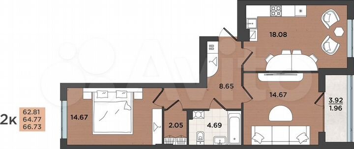 2-к. квартира, 64,8 м², 1/8 эт.