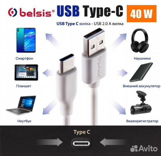 Кабель для мобильных устройств USB/USB Type-C, 2 м