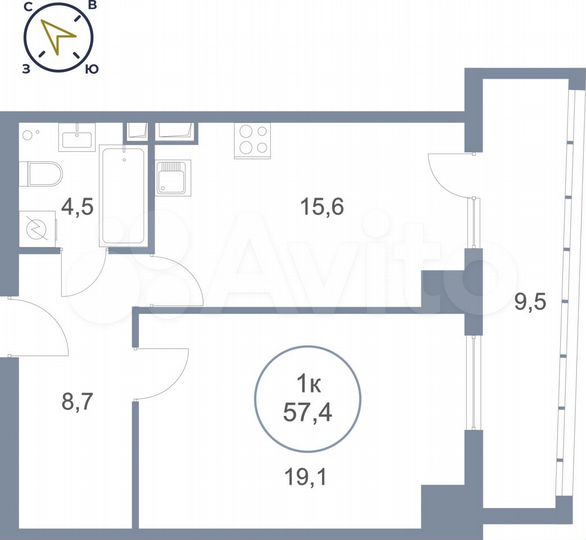 1-к. квартира, 57,4 м², 5/25 эт.