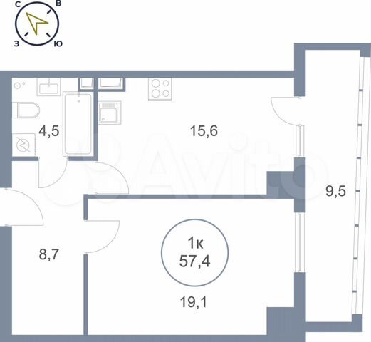 1-к. квартира, 57,4 м², 5/25 эт.