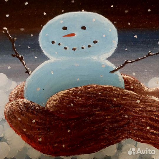 Картина маслом снеговик на ладони