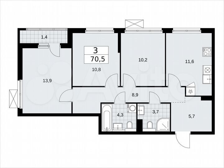 3-к. квартира, 70,5 м², 6/17 эт.