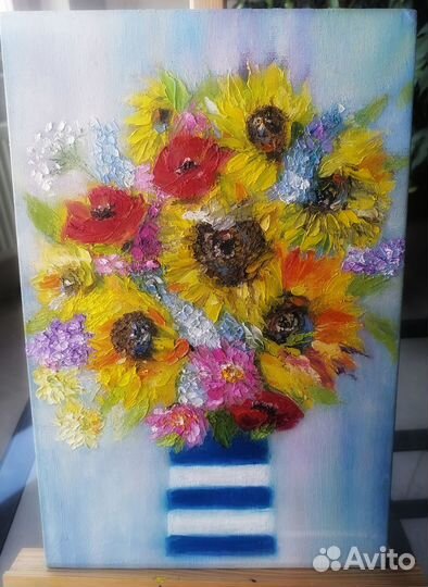 Картина маслом Букет подсолнухов с маками