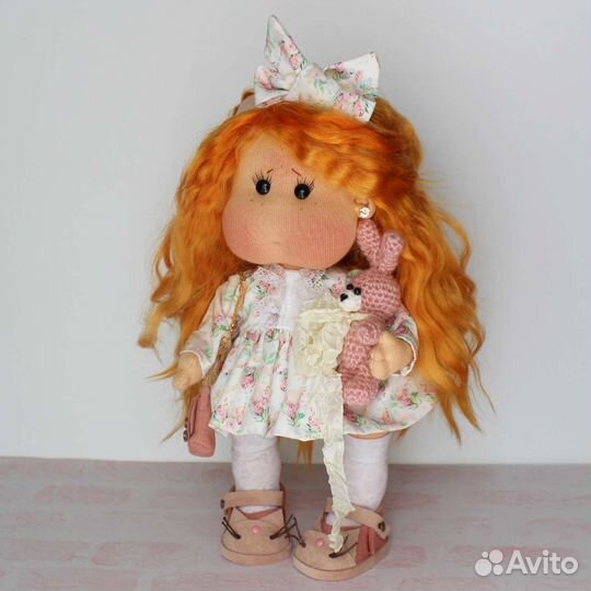 Текстильная кукла с щечками рыжая ручная работа