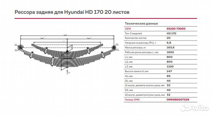 Рессора Hyundai HD170 задняя 20 листов