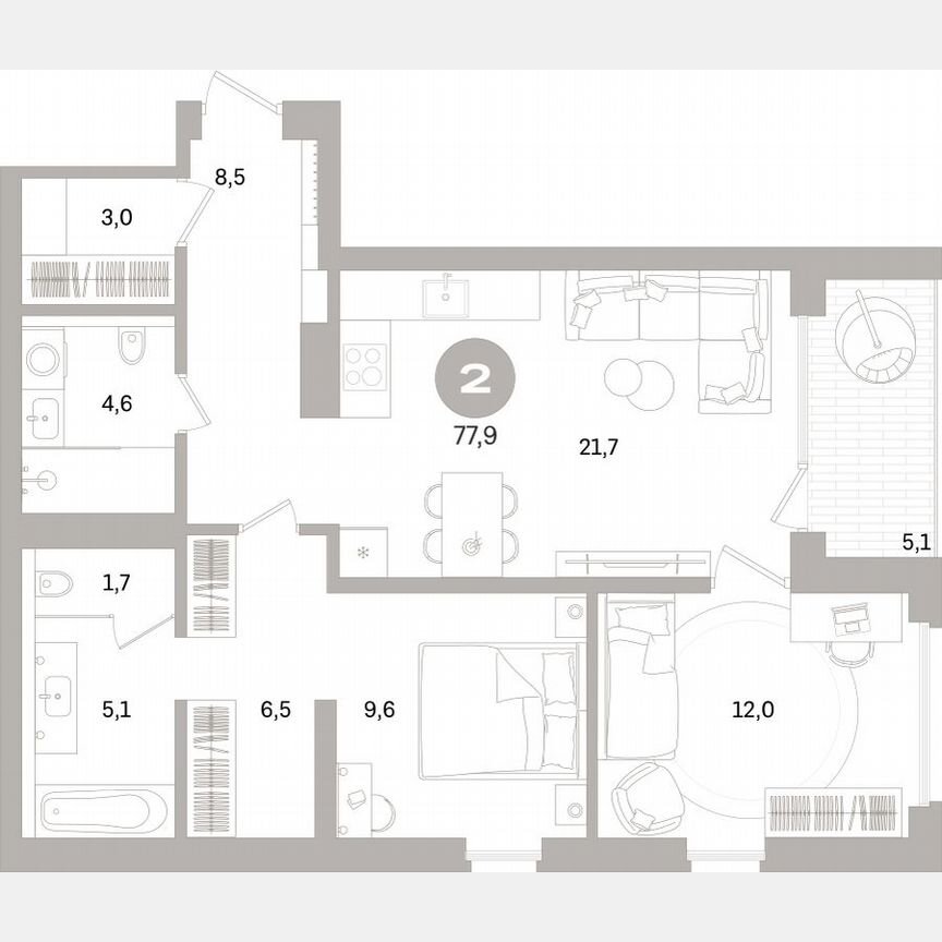 2-к. квартира, 76,4 м², 7/16 эт.