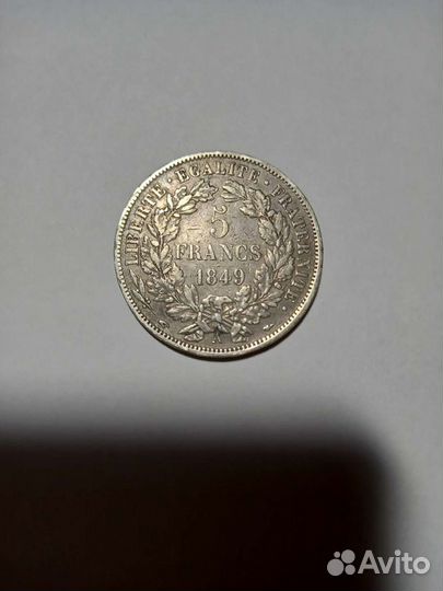 Монета 5 франков 1849 год