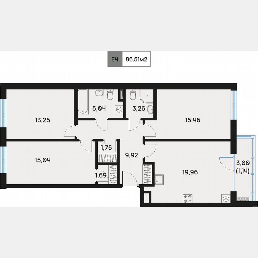 3-к. квартира, 87,8 м², 3/9 эт.