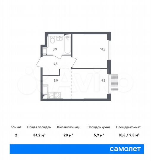 2-к. квартира, 34,2 м², 9/17 эт.