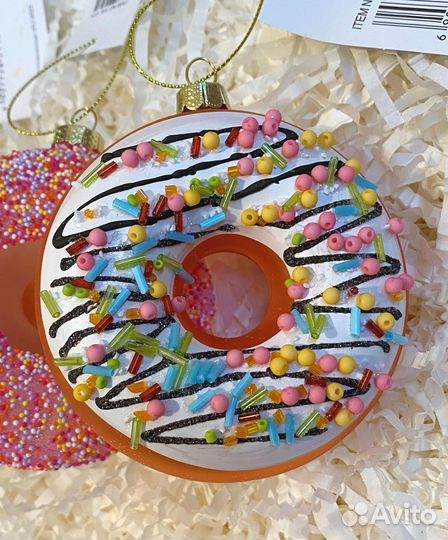 Ёлочная игрушка пончик в сахарной глазури стекло