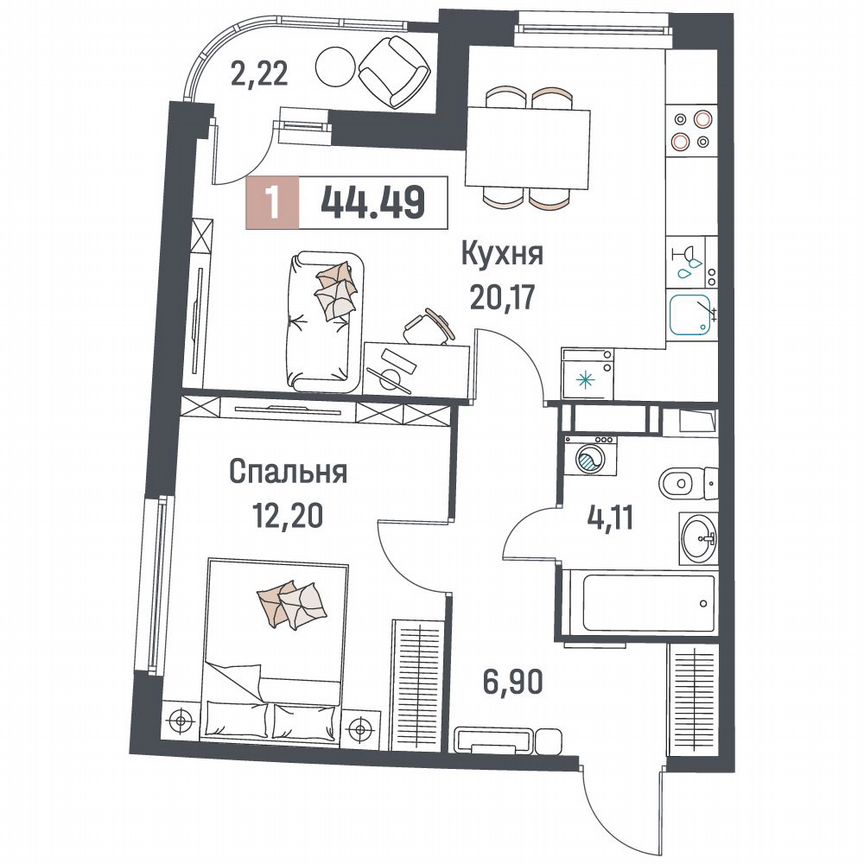 1-к. квартира, 44,5 м², 3/18 эт.