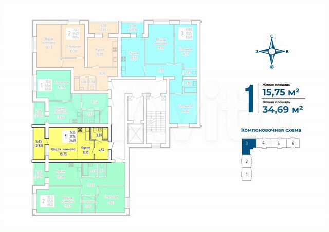 1-к. квартира, 34,7 м², 2/9 эт.