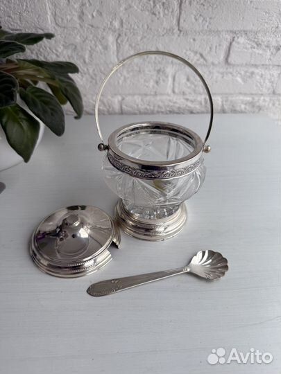 Сахарница хрустальная с серебром