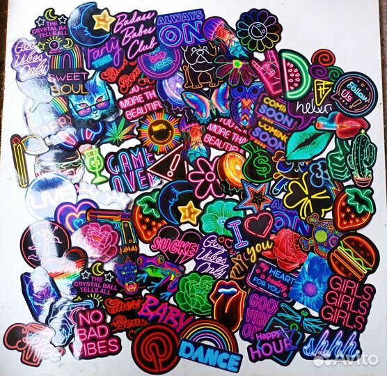 Огромный набор наклеек стикеров неоновых 88 шт
