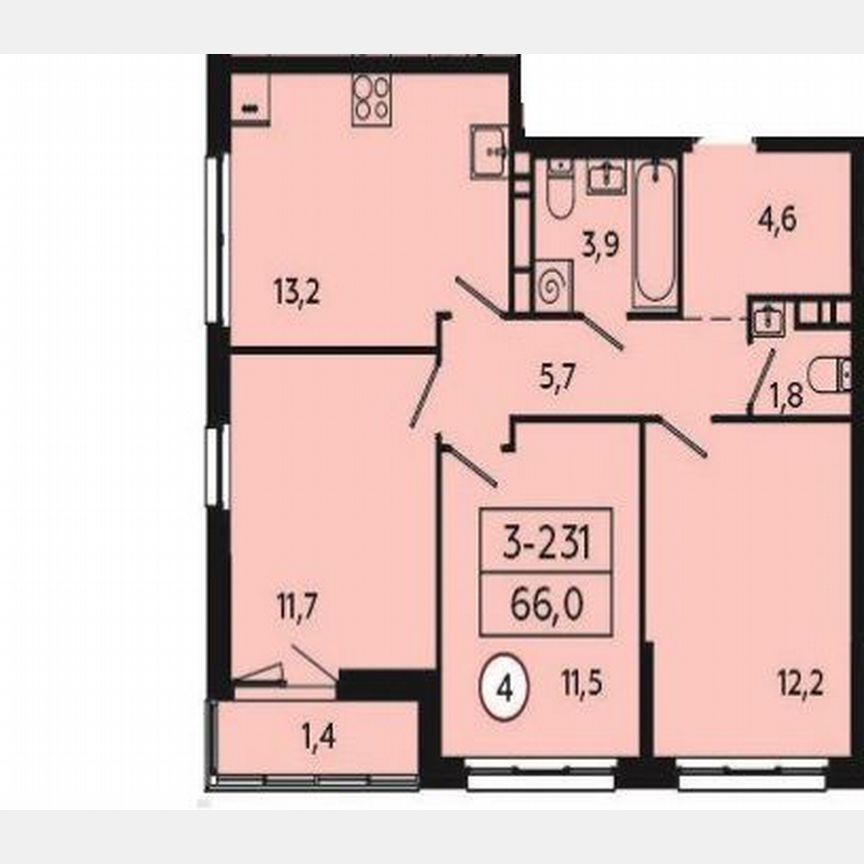 3-к. квартира, 66 м², 9/9 эт.