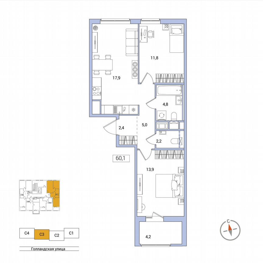 2-к. квартира, 60,1 м², 3/11 эт.