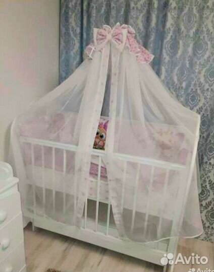 Подушечки бортики+ балдахин+пост.бельё +держатель