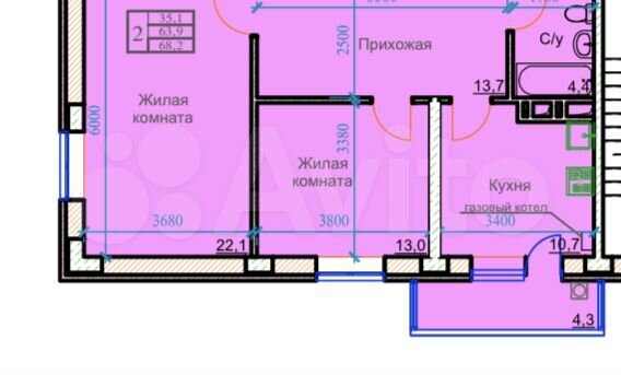 2-к. квартира, 68,2 м², 1/9 эт.