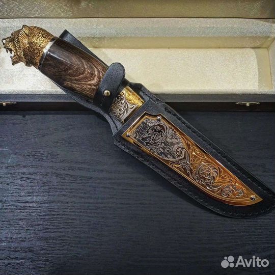 Нож Медведь-4, гравюра, золото. Златоуст