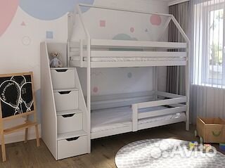 Двухъярусная детская кровать домик с лестницей ком