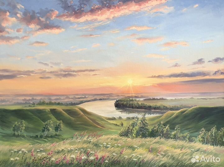 Картина маслом на заказ,пейзаж,облака,рассвет,река