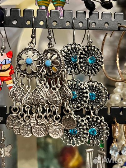 Серебрянные серьги с бирюзой и стразами длинные