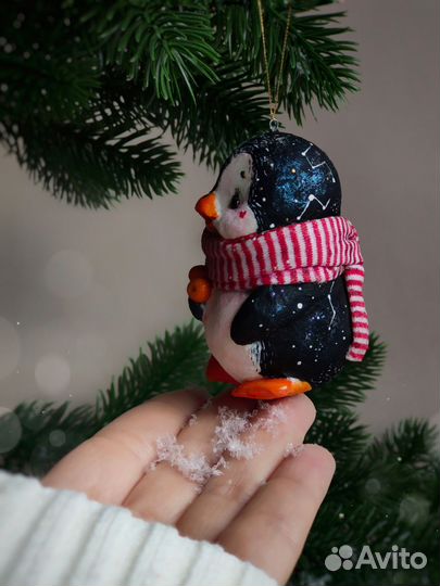 Ватные елочные игрушки пингвиненок космос