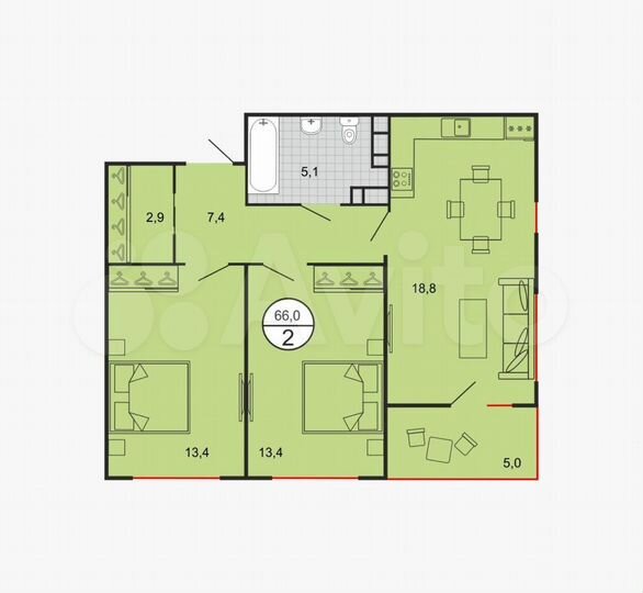 2-к. квартира, 66 м², 12/19 эт.