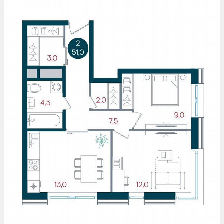 2-к. квартира, 51 м², 20/32 эт.