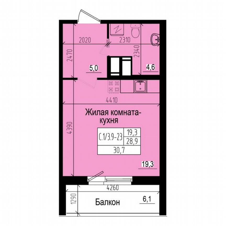 Квартира-студия, 30,7 м², 23/23 эт.