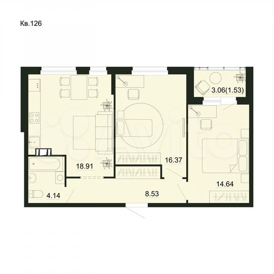 2-к. квартира, 64,1 м², 2/5 эт.
